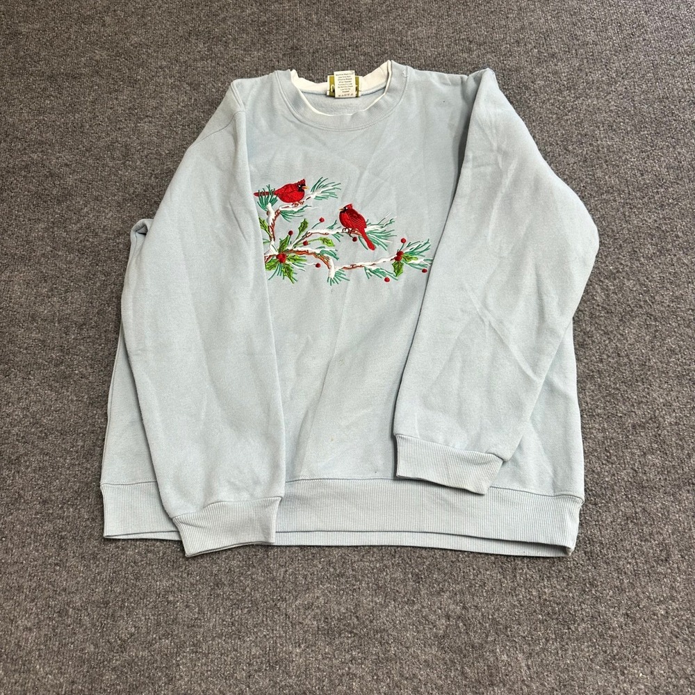 Collections Etc Sweatshirt Womens Size L Blue Embroidered Cardinal Winter Bird